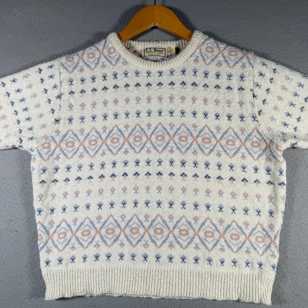 LL Bean Vintage Made in USA Short Sleeve Fair Isle Sweater Pastel Geometric L